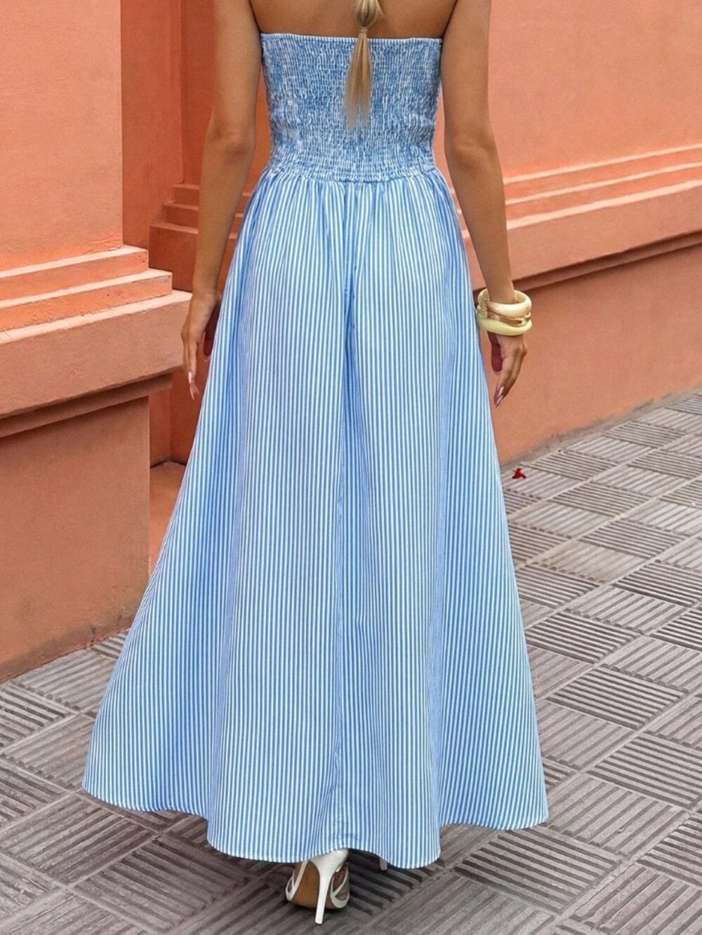 Blue and White Boho Women's Casual Striped Halter Maxi A-Line Dress - Picture 2 of 3